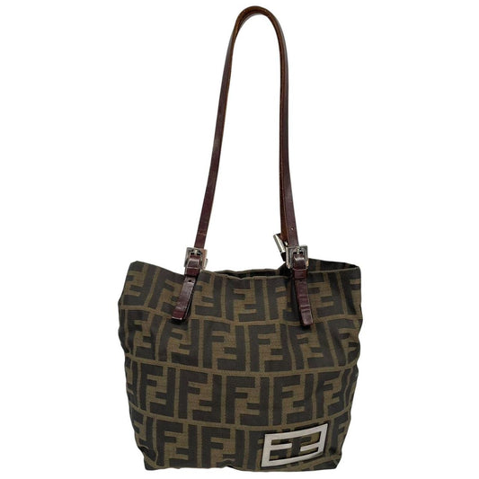 Fendi brown duffel bag featuring iconic Zucca monogram canvas and durable handles.