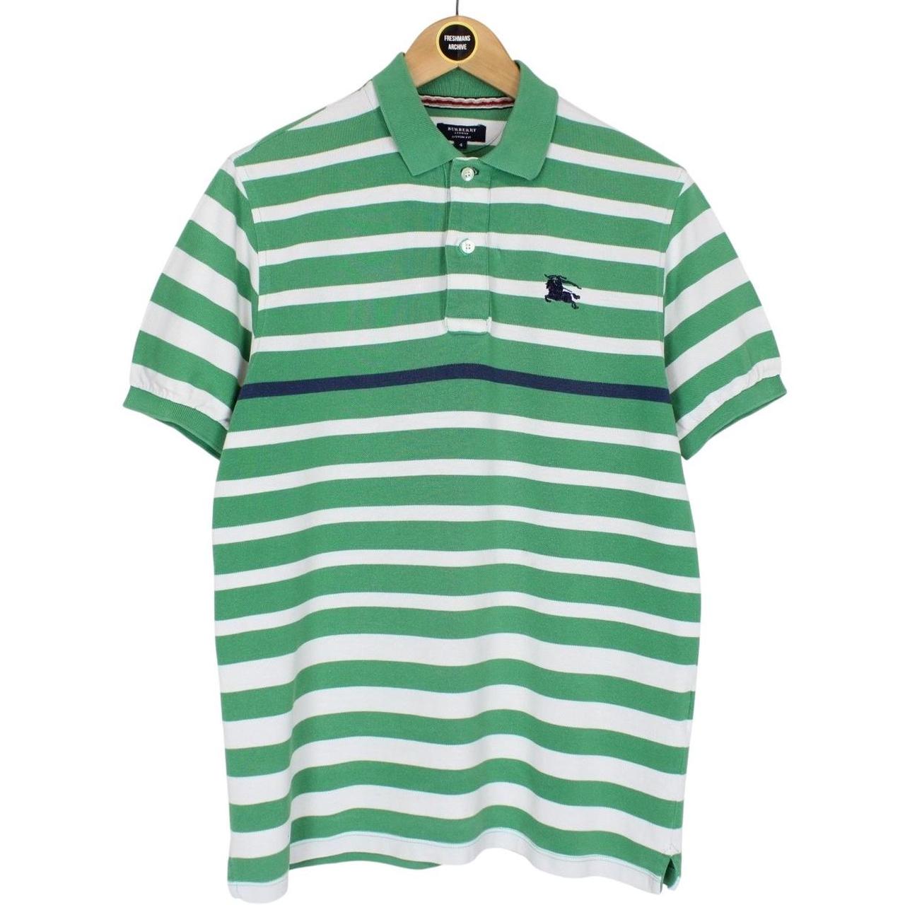 Burberry London Green and White Striped Short Sleeve Cotton Polo Shirt