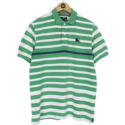 Burberry London Green and White Striped Short Sleeve Cotton Polo Shirt