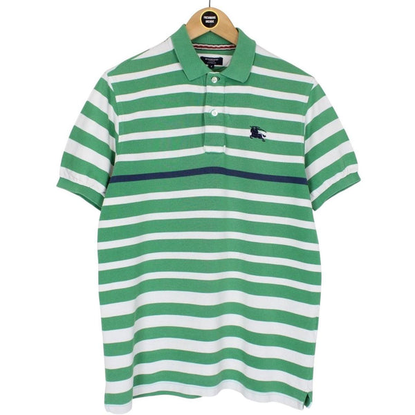 Burberry London Green and White Striped Short Sleeve Cotton Polo Shirt