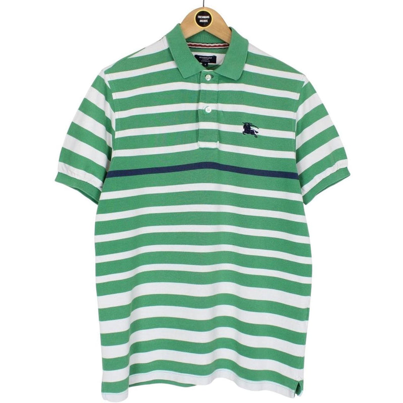 Burberry London Green and White Striped Short Sleeve Cotton Polo Shirt