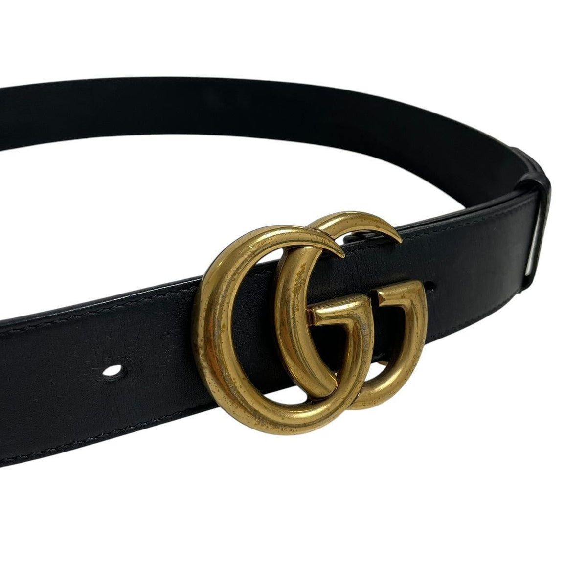 Gucci black leather Marmont belt with antique gold double G logo buckle.