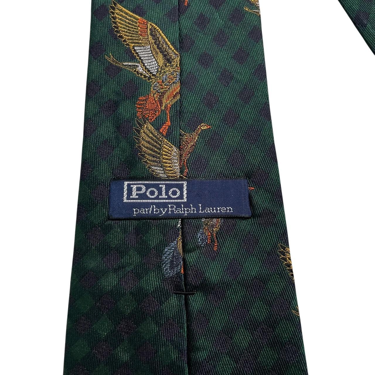 Polo Ralph Lauren green silk tie with embroidered duck pattern and logo.