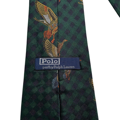 Polo Ralph Lauren green silk tie with embroidered duck pattern and logo.