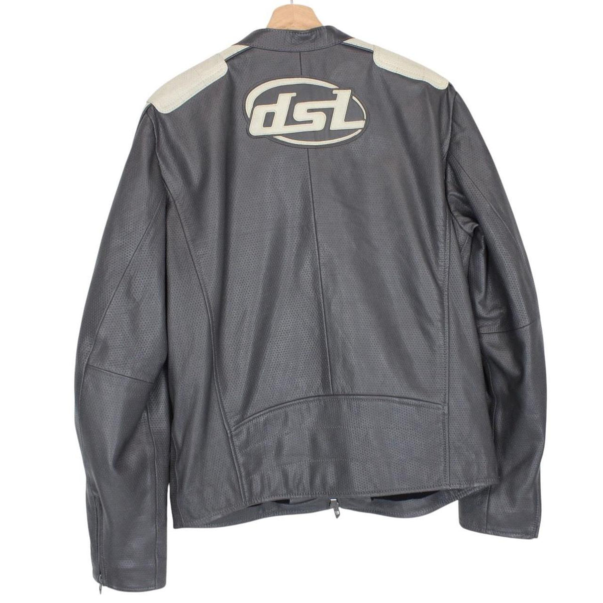 Diesel grey leather jacket with full zip and subtle logo detailing.