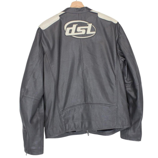 Diesel grey leather jacket with full zip and subtle logo detailing.
