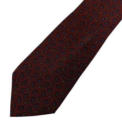 Burberry brown silk tie with vintage paisley print design and logo detail.