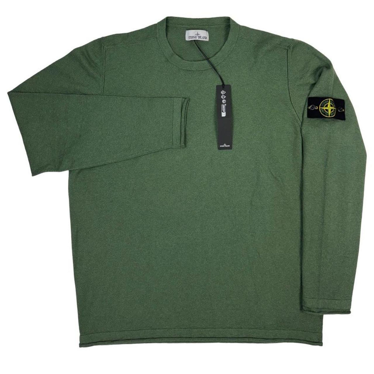 Stone Island green knit jumper made of organic cotton with logo patch.