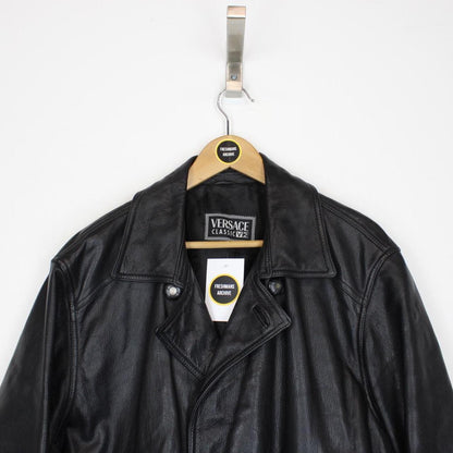 Vintage 90s Versace Classic Black Button Up Leather Coat