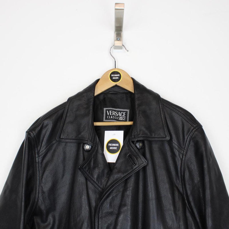 Vintage 90s Versace Classic Black Button Up Leather Coat
