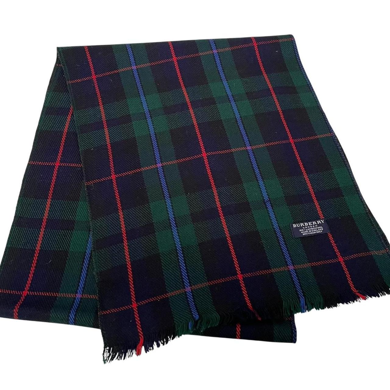 Vintage 90s Burberry Navy Blue and Green Check Lambswool Scarf