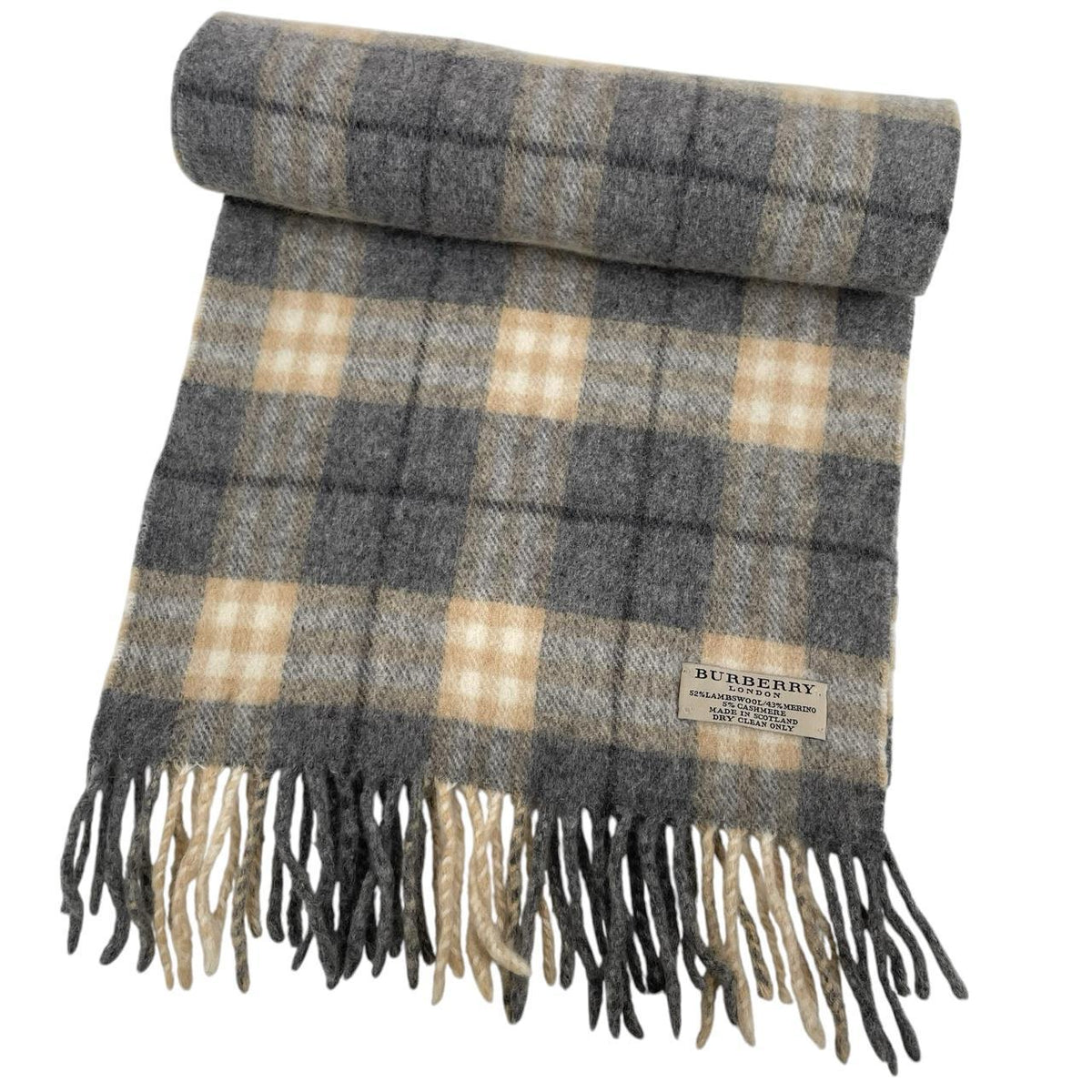 Burberry grey scarf featuring iconic Nova Check pattern in lambswool blend.