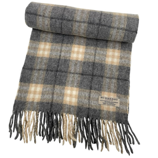 Burberry grey scarf featuring iconic Nova Check pattern in lambswool blend.
