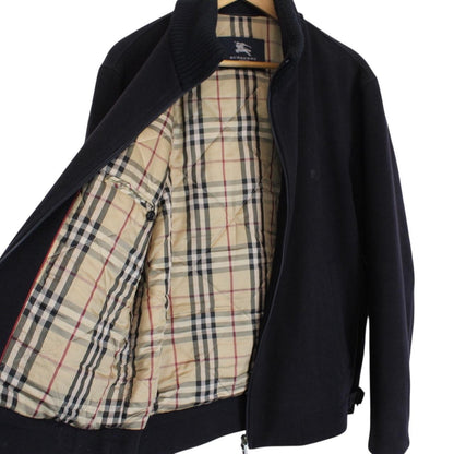 Burberry London Navy Blue Full Zip Nova Check Lined Cashmere Wool Jacket