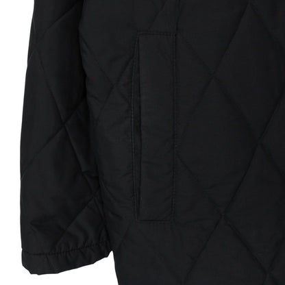 Burberry black coat with Nova Check lining and diamond quilted pattern.
