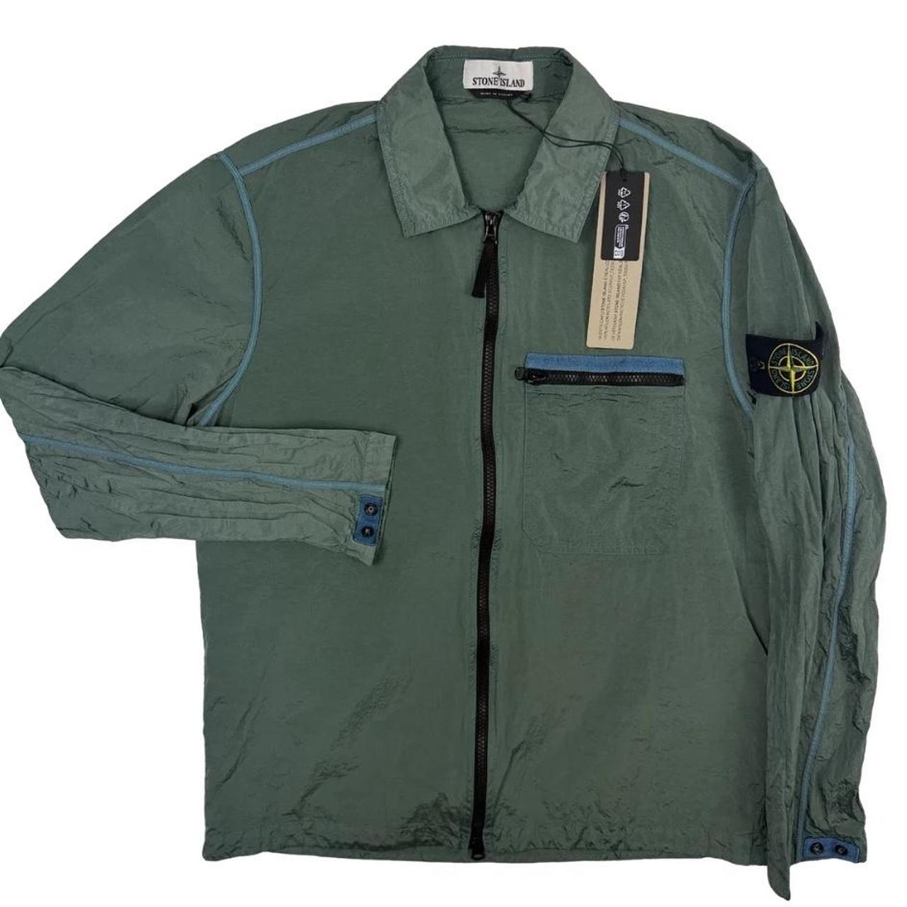 Stone Island green nylon metal overshirt jacket with full zip and logo patch.