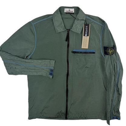 Stone Island green nylon metal overshirt jacket with full zip and logo patch.