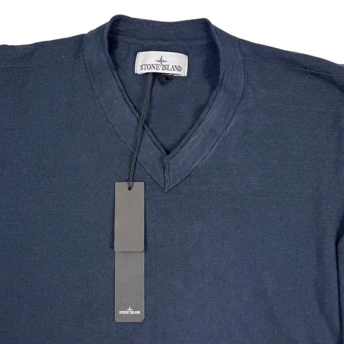 Stone Island navy blue knit jumper made from organic cotton with logo patch.