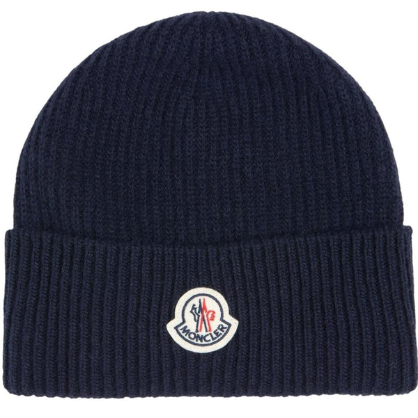 Moncler navy blue ribbed cotton beanie hat with logo tag and brand new condition.