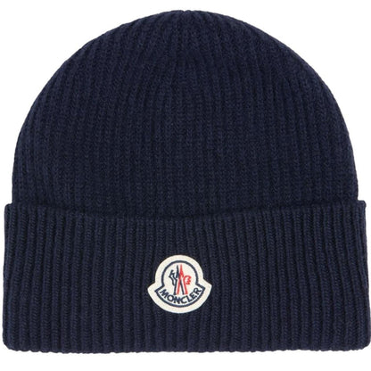Moncler navy blue ribbed cotton beanie hat with logo tag and brand new condition.