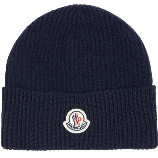 Moncler navy blue ribbed cotton beanie hat with logo tag and brand new condition.
