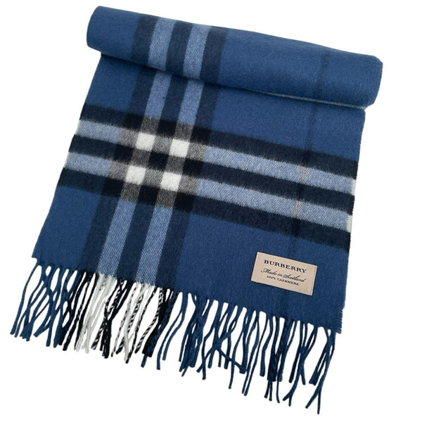Burberry blue cashmere scarf featuring iconic Nova Check pattern and logo.