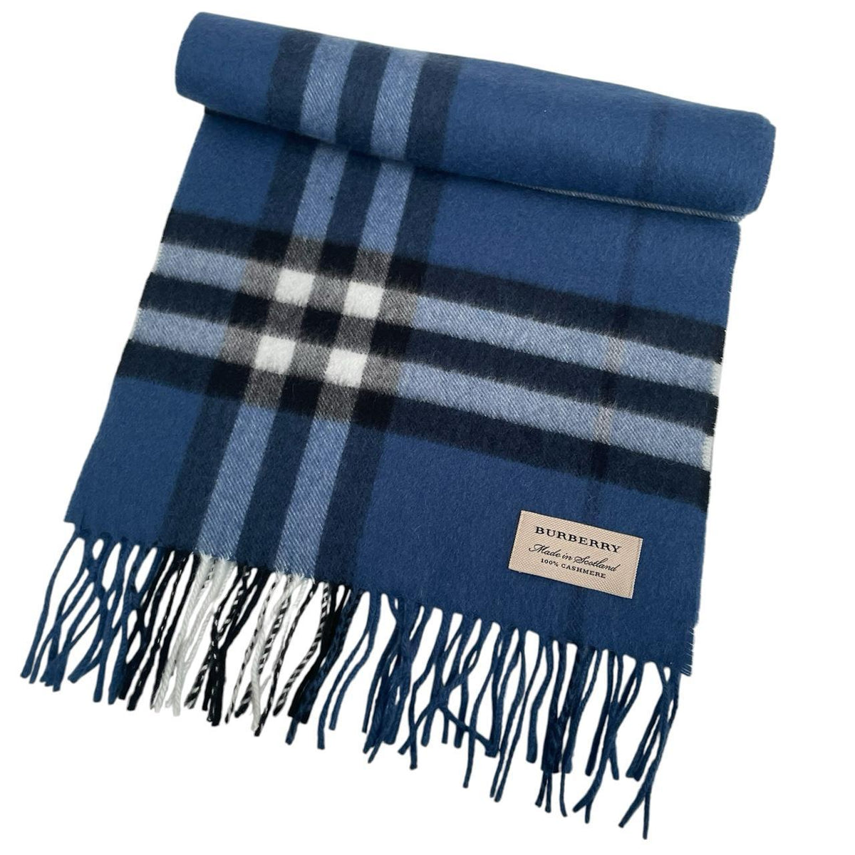 Burberry blue cashmere scarf featuring iconic Nova Check pattern and logo.