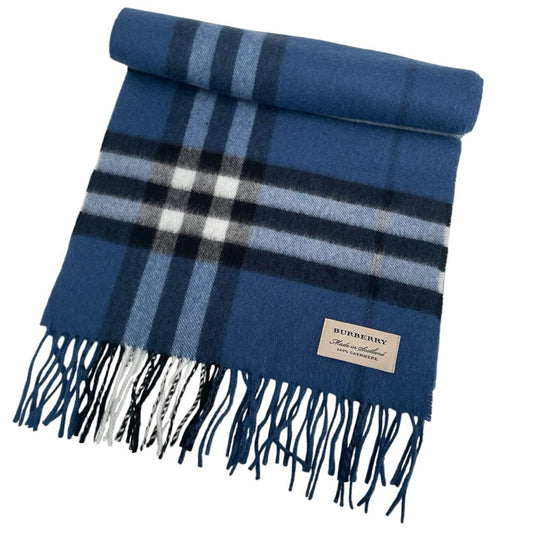 Burberry blue cashmere scarf featuring iconic Nova Check pattern and logo.