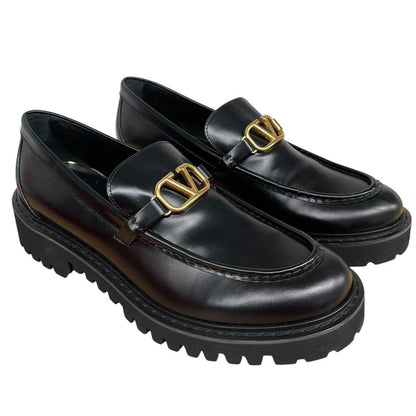 Valentino Garavani Black and Gold VLogo Signature Calfskin Leather Loafers