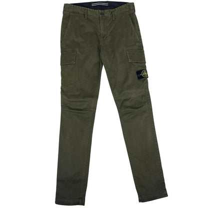 Stone Island khaki green skinny fit cargo trousers with logo patch and pockets.