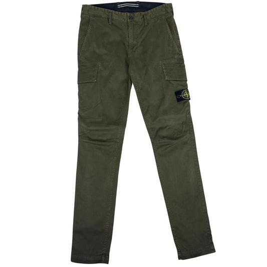 Stone Island khaki green skinny fit cargo trousers with logo patch and pockets.