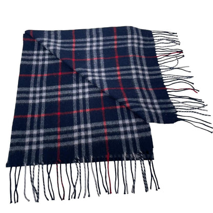 Vintage 90s Burberry Navy Blue Nova Check Lambswool Scarf