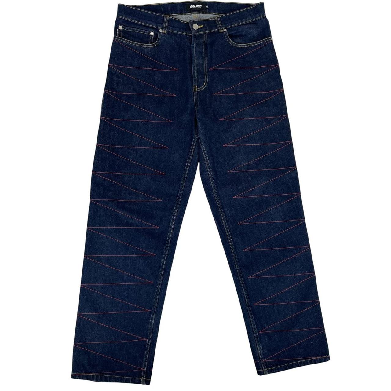 Palace straight jeans navy blue with red embroidered details and logo patch.