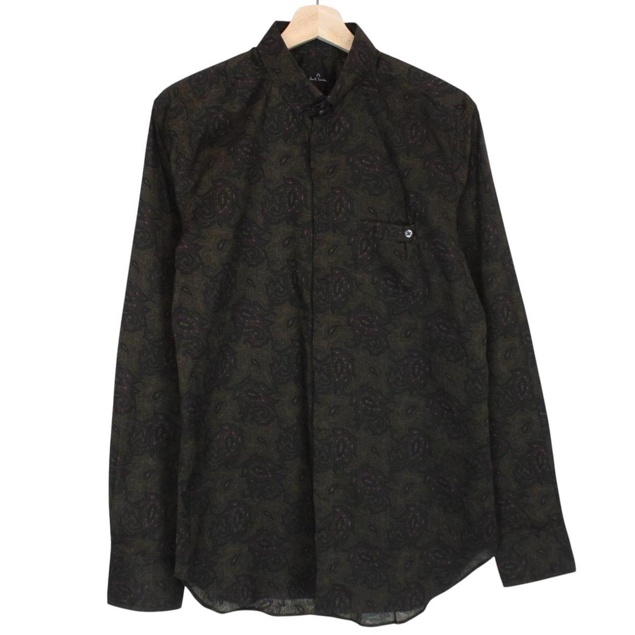 Paul Smith khaki green long sleeve shirt with paisley print and cotton material.