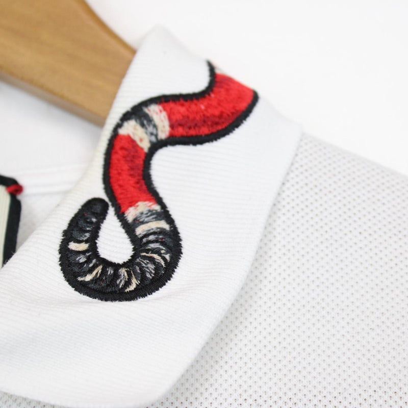 Gucci White Kingsnake Embroidered Short Sleeve Cotton Polo Shirt