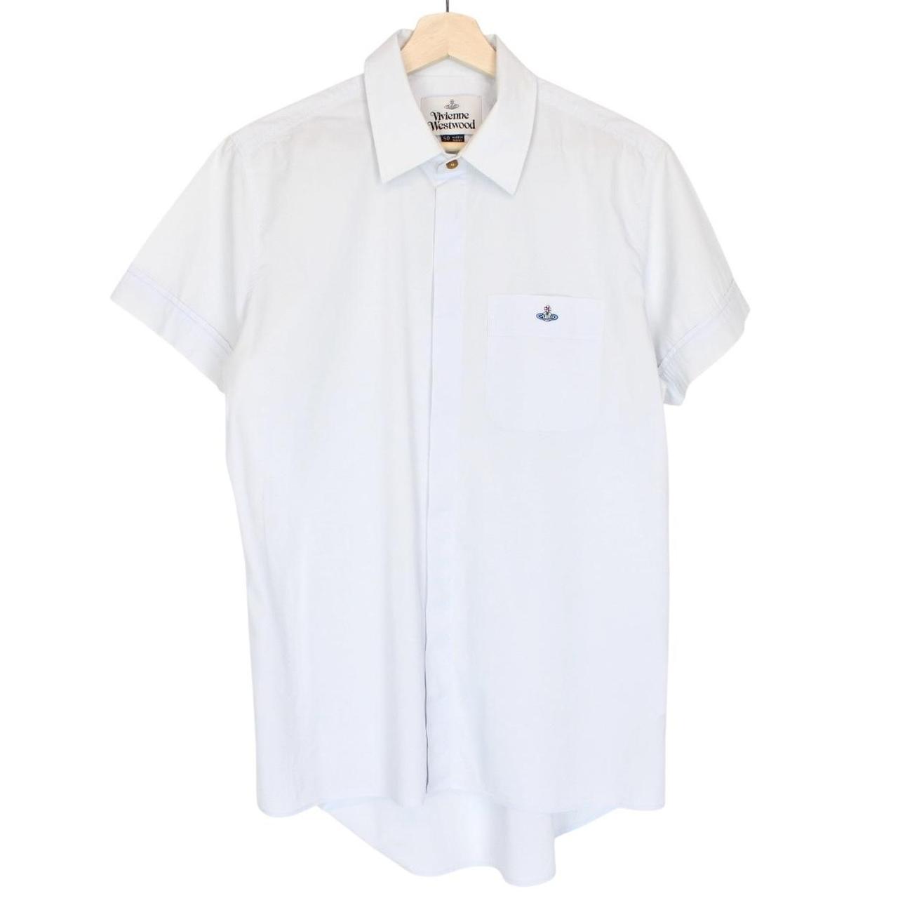 Vivienne Westwood light blue short sleeve cotton shirt with orb logo and collar discoloration.