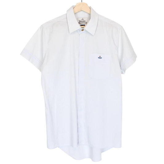 Vivienne Westwood light blue short sleeve cotton shirt with orb logo and collar discoloration.
