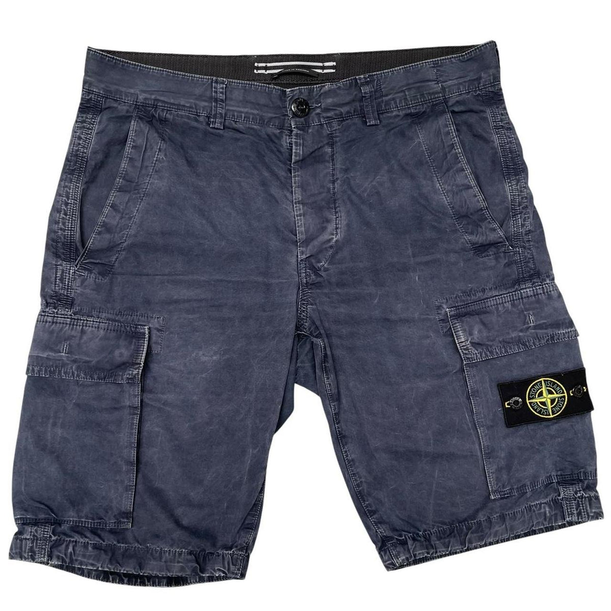 Stone Island navy blue cargo shorts with logo patch and cotton material.