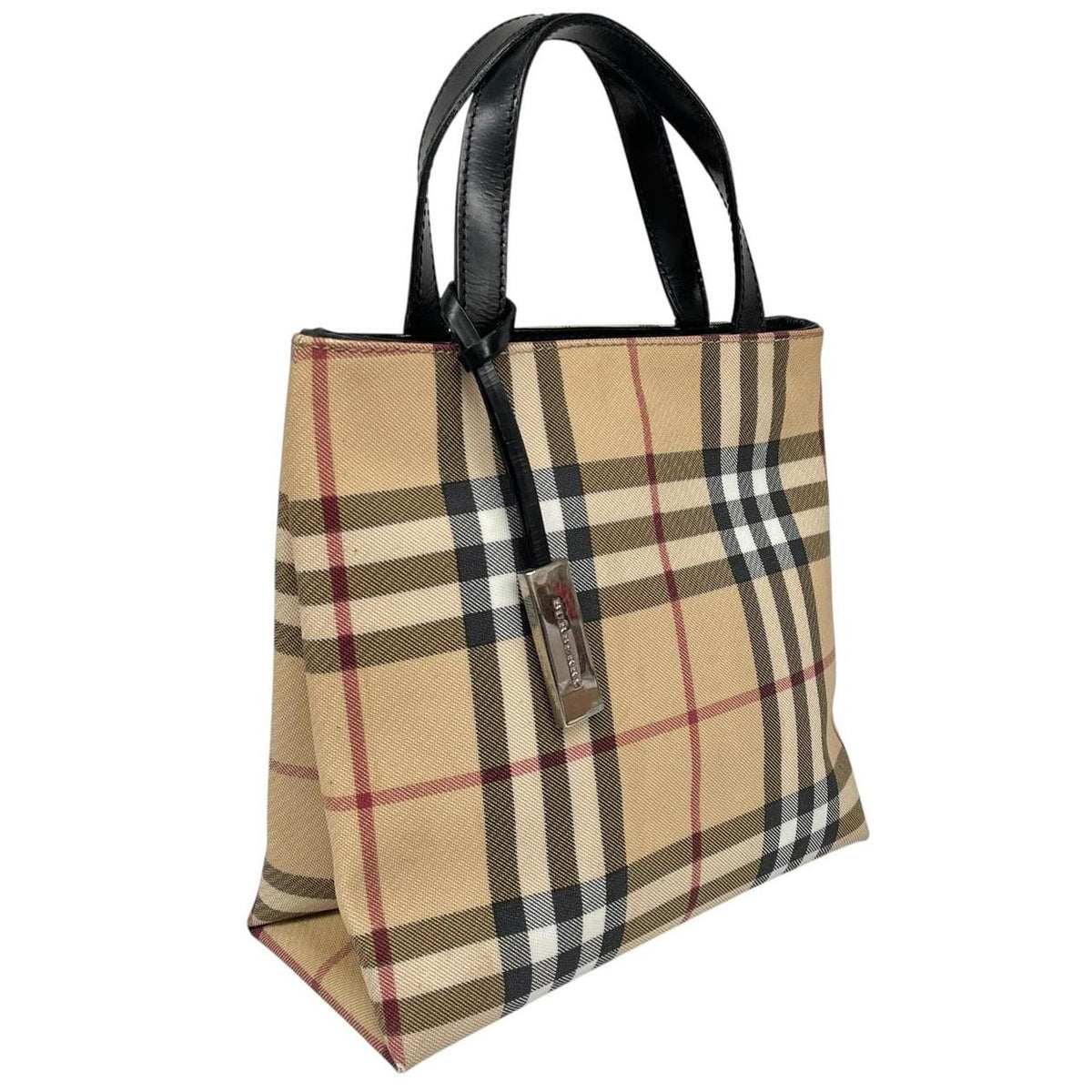 Burberry beige mini tote bag with Nova Check pattern and leather accents.