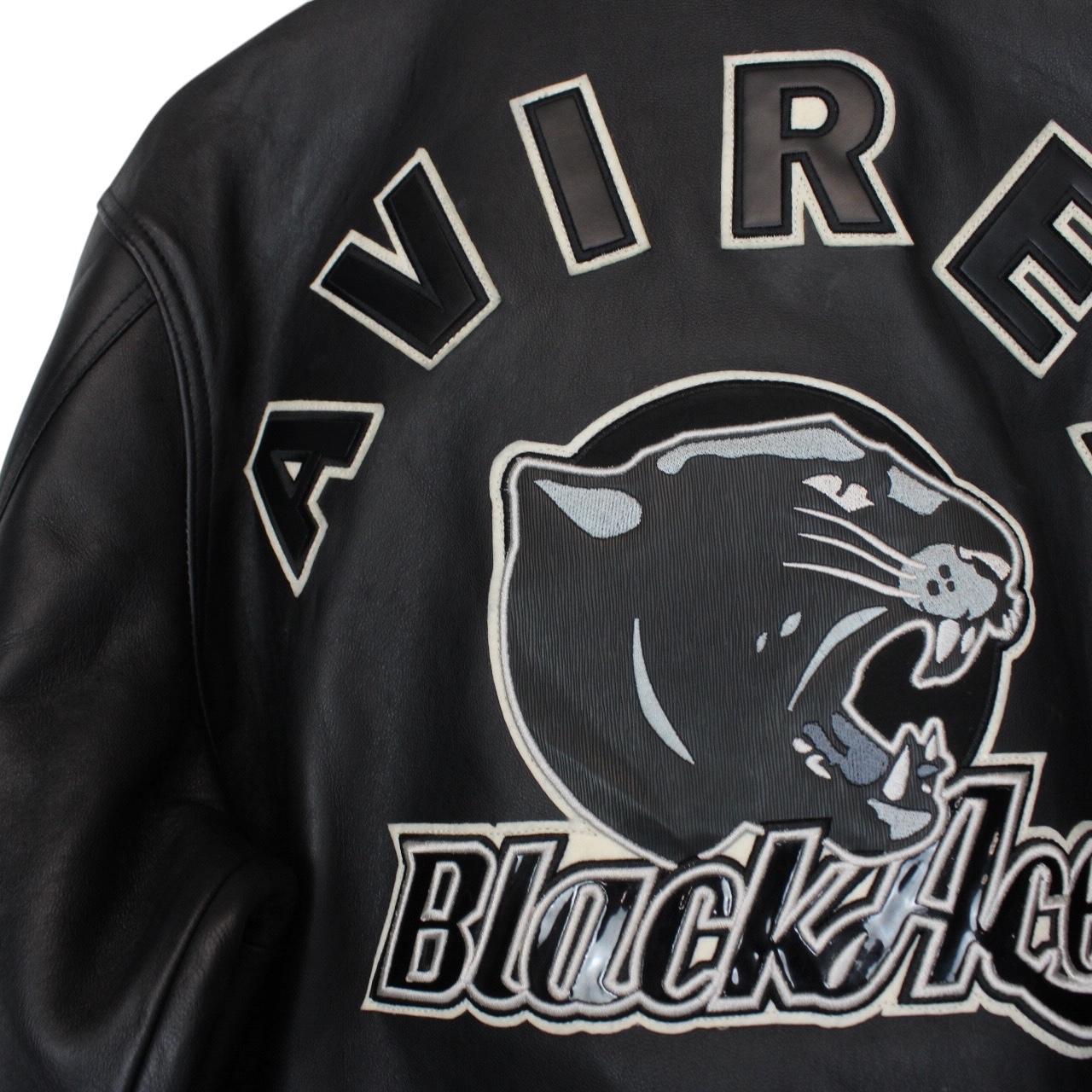 Avirex black leather jacket with Tuskegee Aces logo and full zip design.