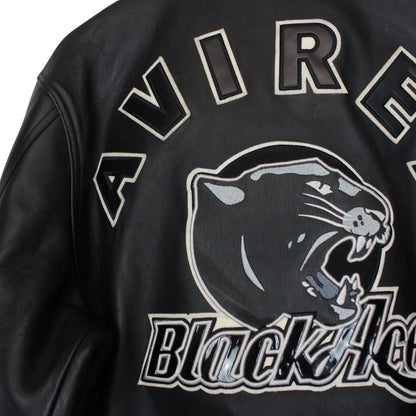 Avirex black leather jacket with Tuskegee Aces logo and full zip design.