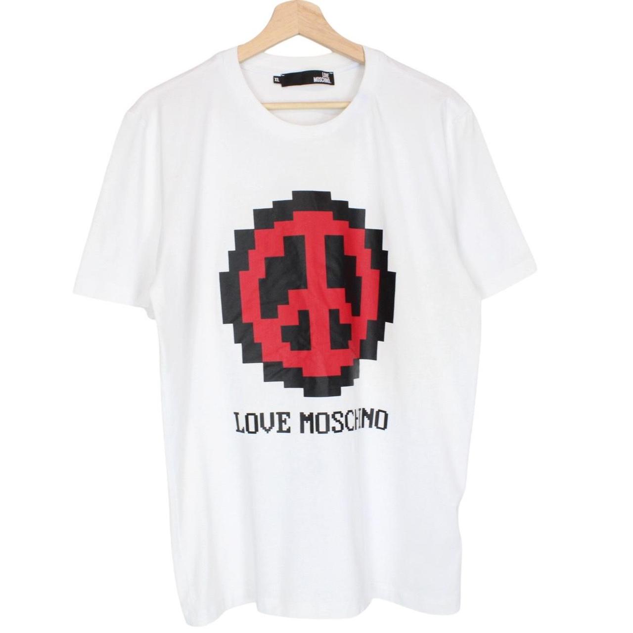 Moschino white pocket t-shirt with digital peace print and faint back stain.