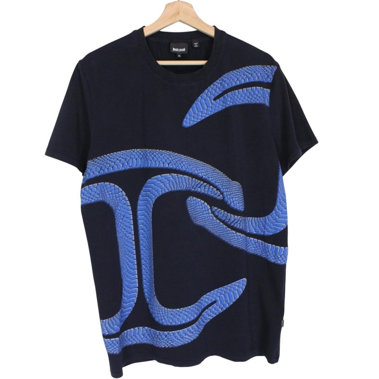 Just Cavalli navy blue cotton t-shirt with snake print and chest pocket detail.