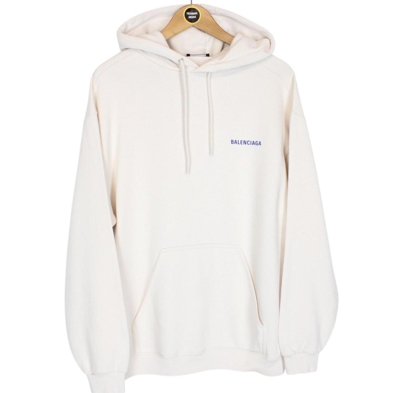 Balenciaga Cream and Blue Logo Print Cotton Hoodie Jumper