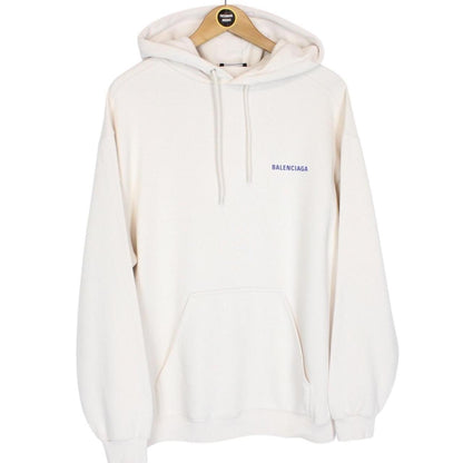Balenciaga Cream and Blue Logo Print Cotton Hoodie Jumper