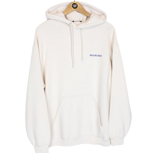 Balenciaga Cream and Blue Logo Print Cotton Hoodie Jumper