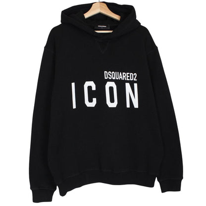Dsquared2 black hoodie with white logo print and minor wear details.