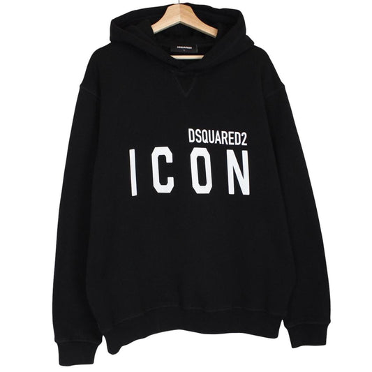 Dsquared2 black hoodie with white logo print and minor wear details.