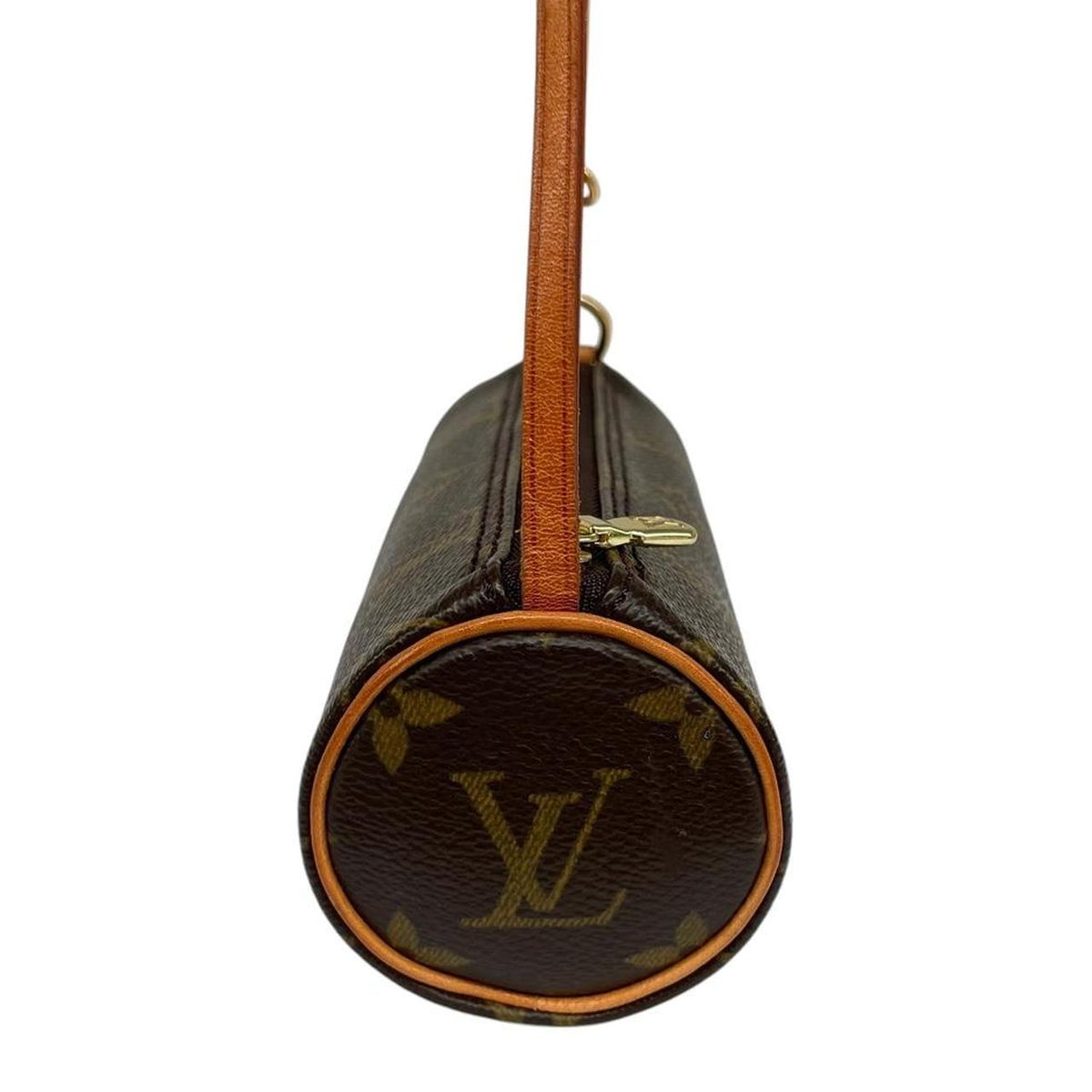 Louis Vuitton brown and tan mini pochette bag with monogram canvas pattern and logo.