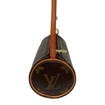 Louis Vuitton brown and tan mini pochette bag with monogram canvas pattern and logo.